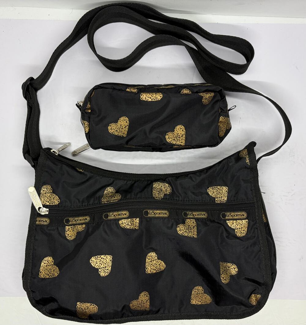 LeSportsac Classic Crossbody Bag Metallic Gold Hearts Print Matching Case